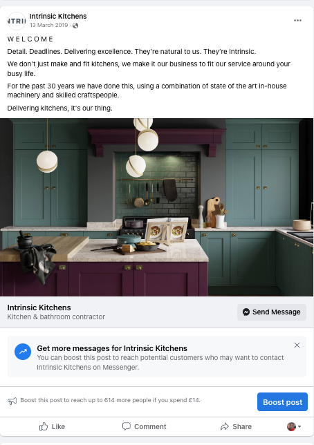 Facebook post content for Intrinsic Kitchens. Facebook copy and Facebook image for social media management.